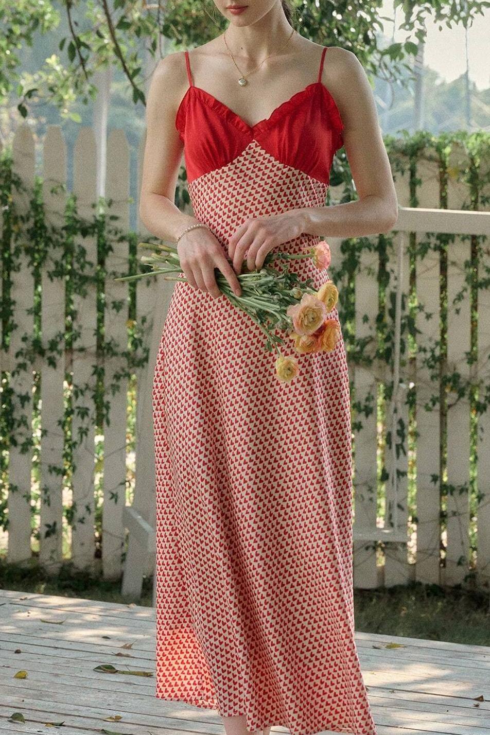 GXZ Vintage Red and White Maxi Dress | Spaghetti Strap Retro Sundress