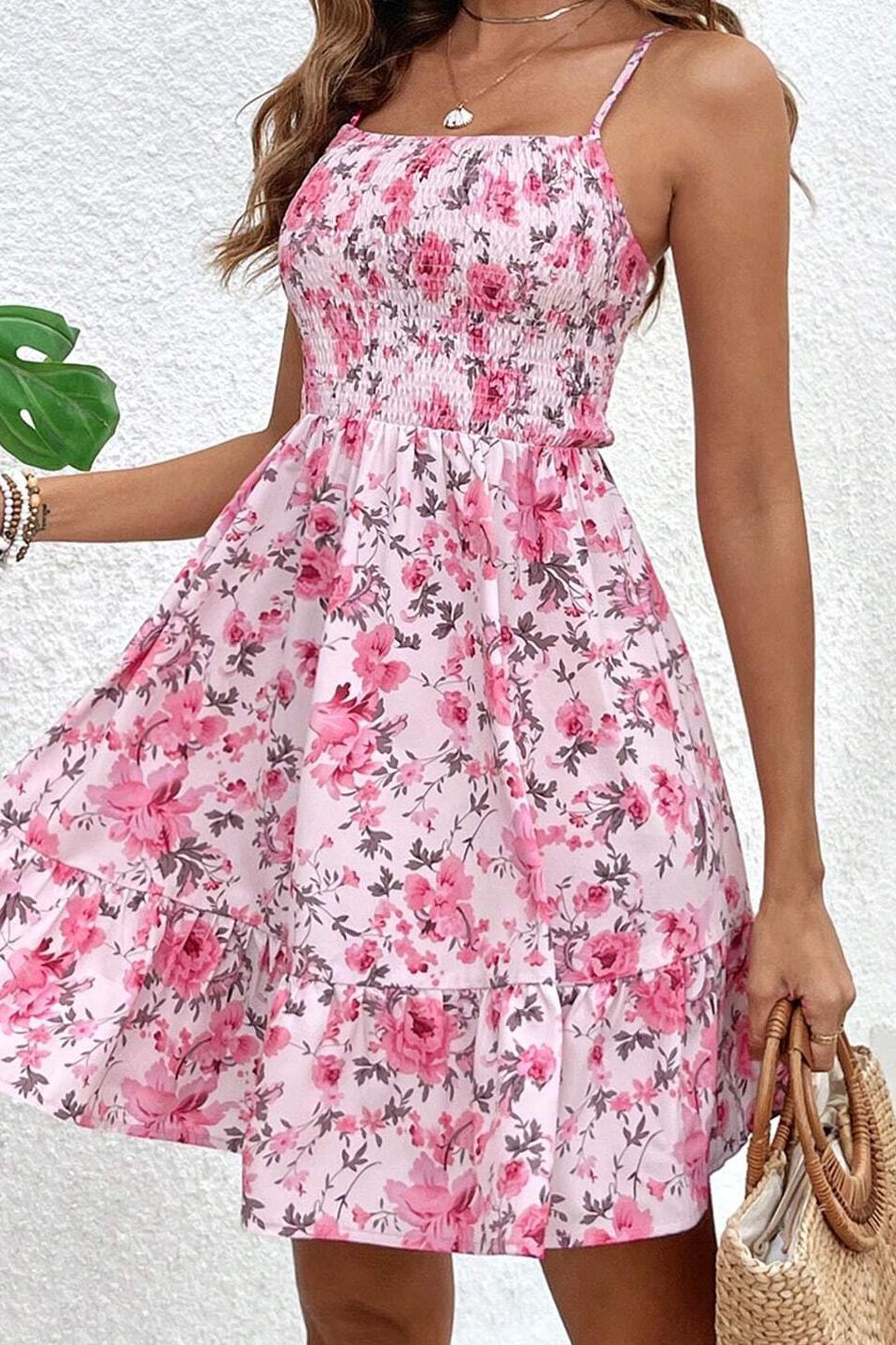 GXZ Pink Floral Summer Dress | Lightweight Ruffle Mini Dress