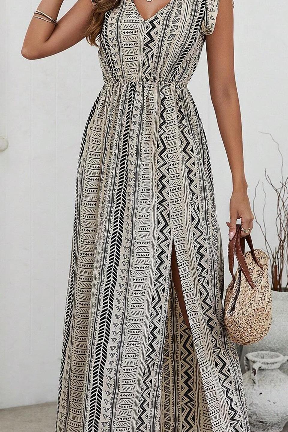 GXZ Women's Tribal Print Maxi Dress with Side Slit | Boho Chic