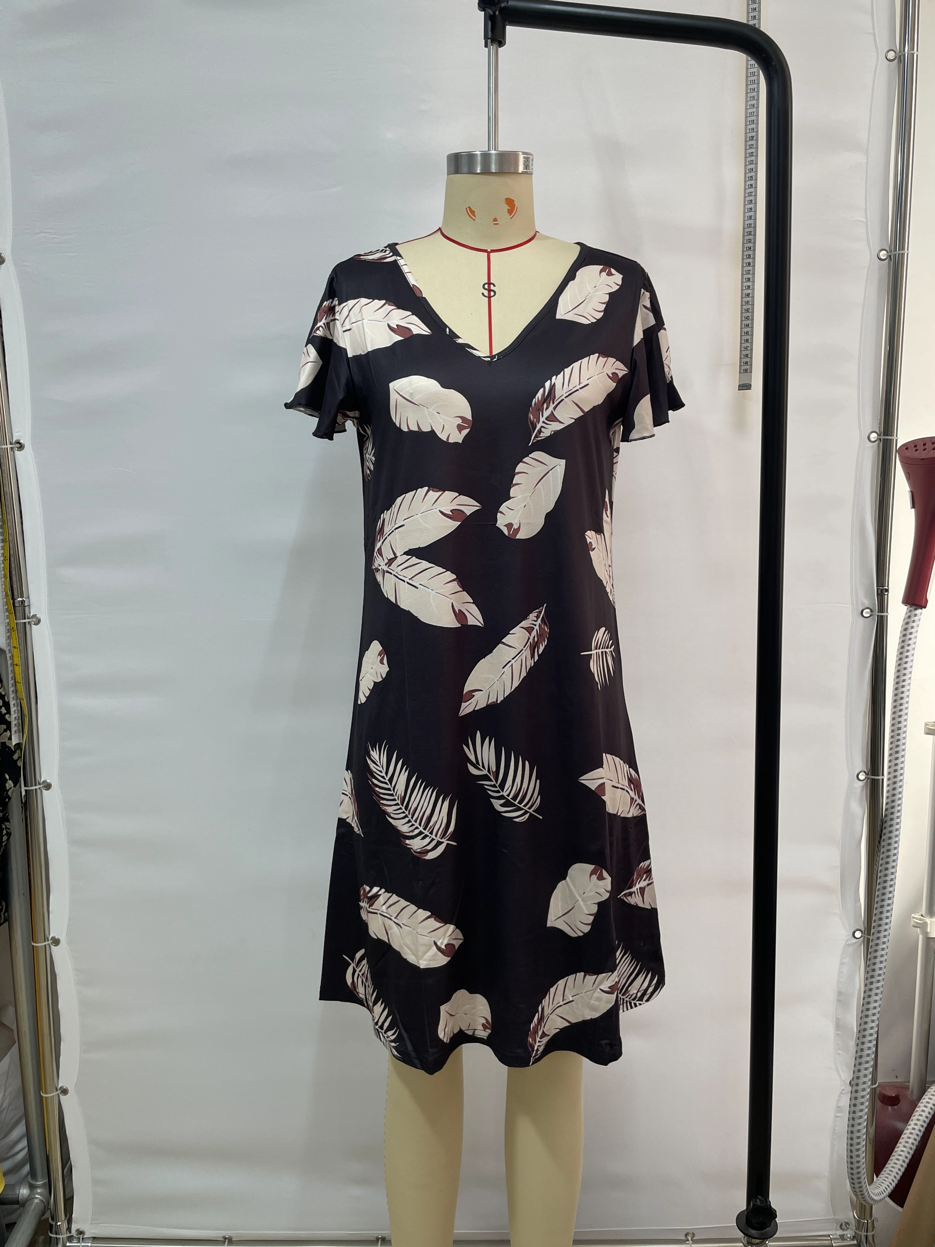 GXZ Black Tropical Leaf Mini Dress | Casual V-Neck Summer Dress