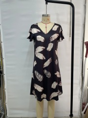 GXZ Black Tropical Leaf Mini Dress | Casual V-Neck Summer Dress