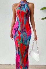 GXZ Women’s Abstract Halter Maxi Dress | Vibrant Summer Look