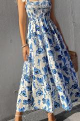 GXZ Women's Blue Floral Midi Dress | Summer Smocked Sundress