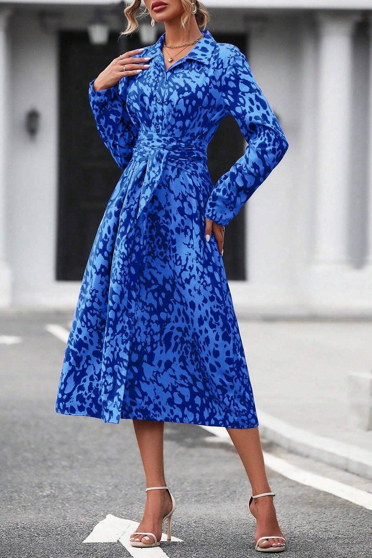 GXZ Women's Button-Down Belted Midi Dress | Leopard Print Elegance
