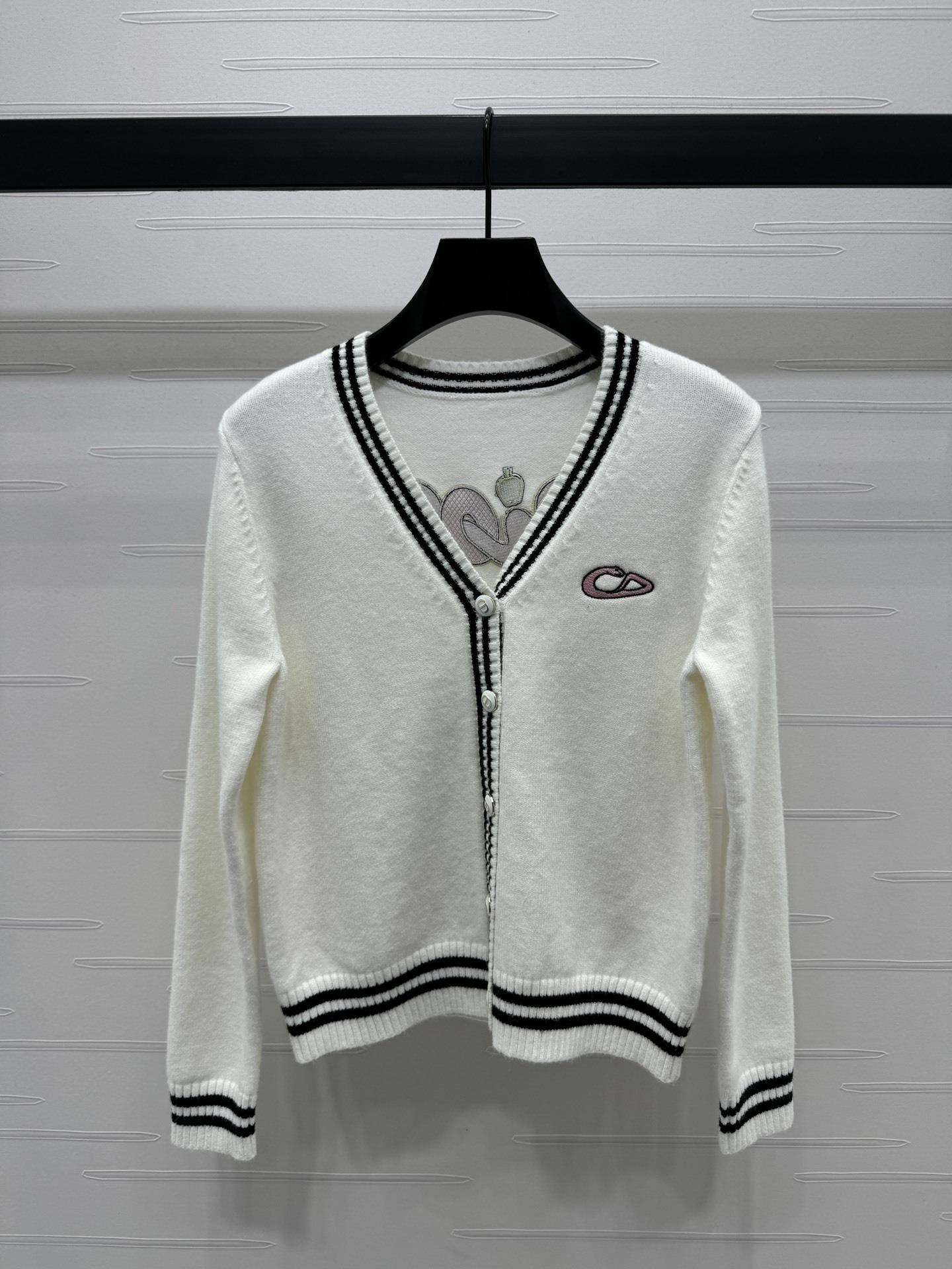 GXZ Women's V-Neck Knit Cardigan | Chic Black & White Striped Edge