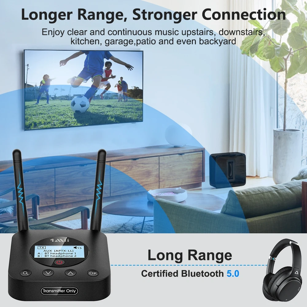 Bluetooth 5.2 Transmitter with Screen Display for Easy Pairing BT Audio Adapter with aptX LL & HD B06TX+