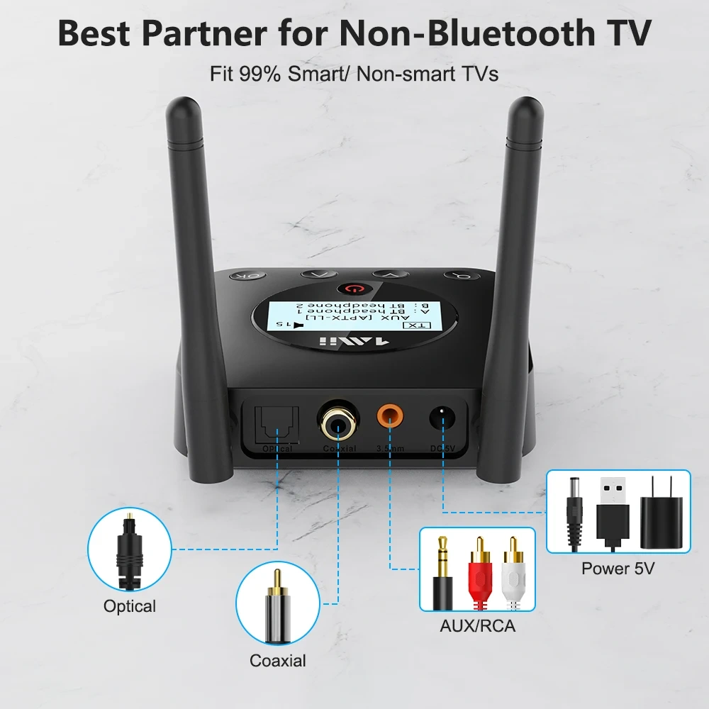 Bluetooth 5.2 Transmitter with Screen Display for Easy Pairing BT Audio Adapter with aptX LL & HD B06TX+