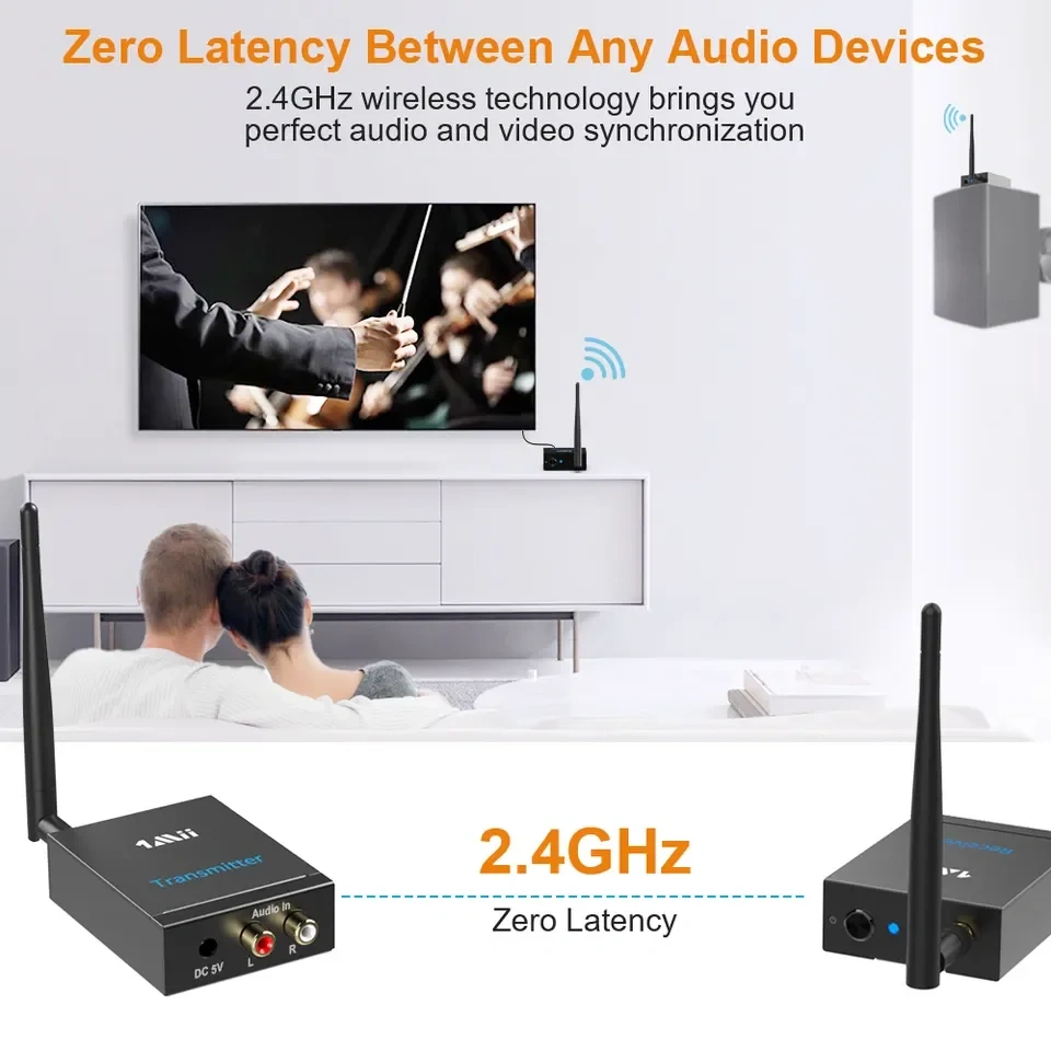 2.4GHz BT Audio Transmitter&Receiver 328ft Long Distance Audio Adapter for TV PC Amplifier Speaker RT5066
