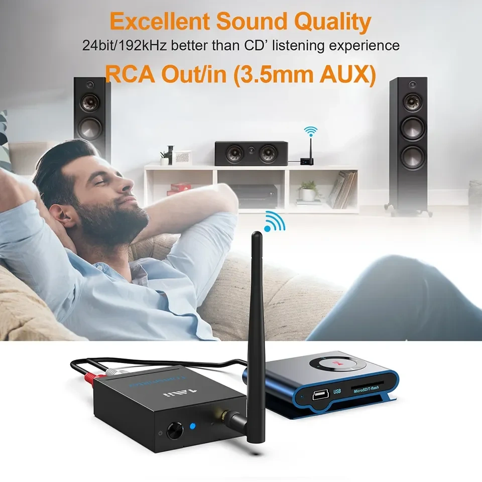 2.4GHz BT Audio Transmitter&Receiver 328ft Long Distance Audio Adapter for TV PC Amplifier Speaker RT5066