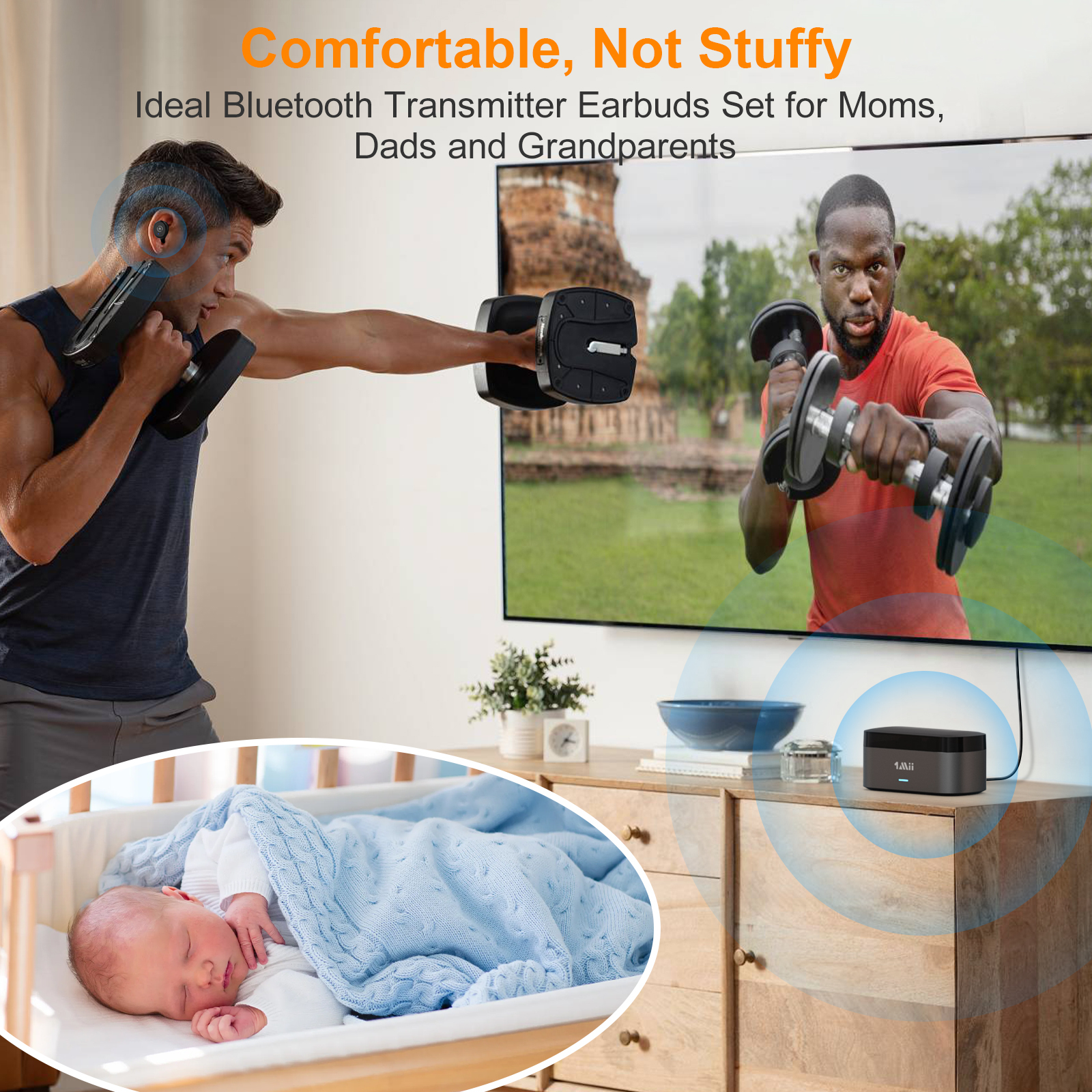 Wireless Earbuds for TV Listening Watching with Transmitter Charging Dock E3PRO