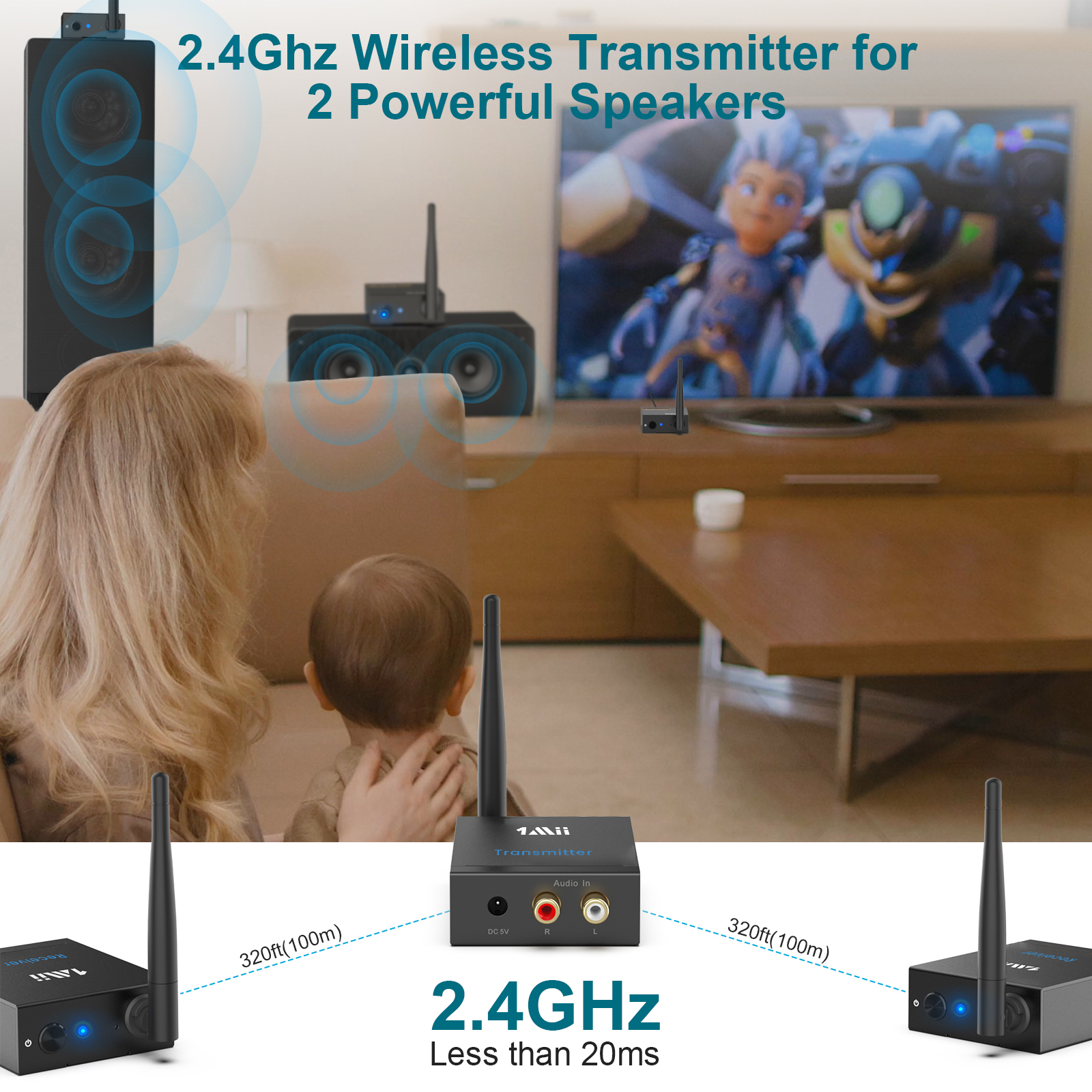 1TX + 2RX Set 100m Long Range Stable Transmission 2.4GHz Wireless Audio Transmitter and Receiver RT5066M