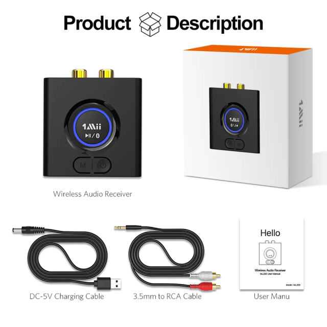 Wireless Bluetooth 5.0 Audio Receiver 3.5mm AUX & RCA Out Bluetooth Adapter for Speaker ML200