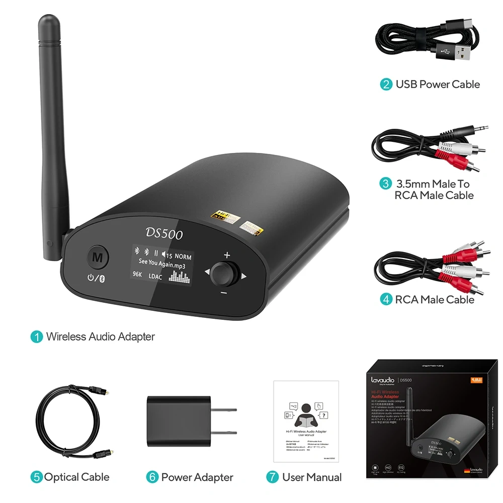 Music Receiver With Hi-Res LDAC, 7 EQ Mode Bluetooth DAC Amplifiers, Audiophile DAC for Speaker DS500