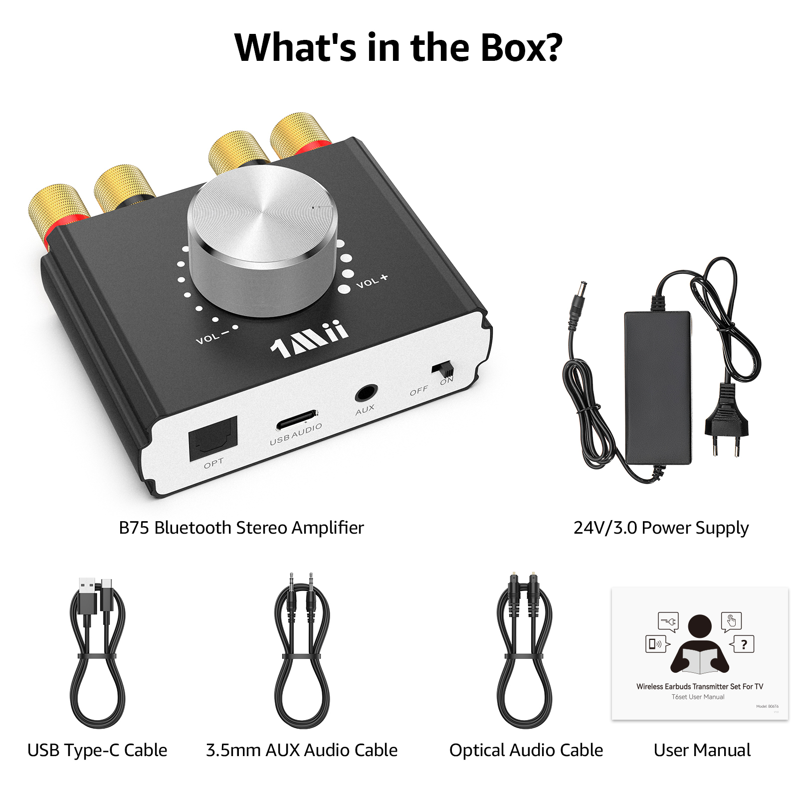 1Mii Bluetooth Amplifier Receiver Hi-Fi Wireless Audio Adapter TV PC to Speakers Digital Audio Receiver with Volume Control B75