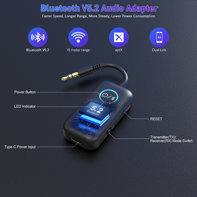 Car for Bluetooth Adapter 3.5mm AUX 10-15 Hour for Bluetooth 5.2 Receiver Transmitter Wireless Audio Stereo B06T2
