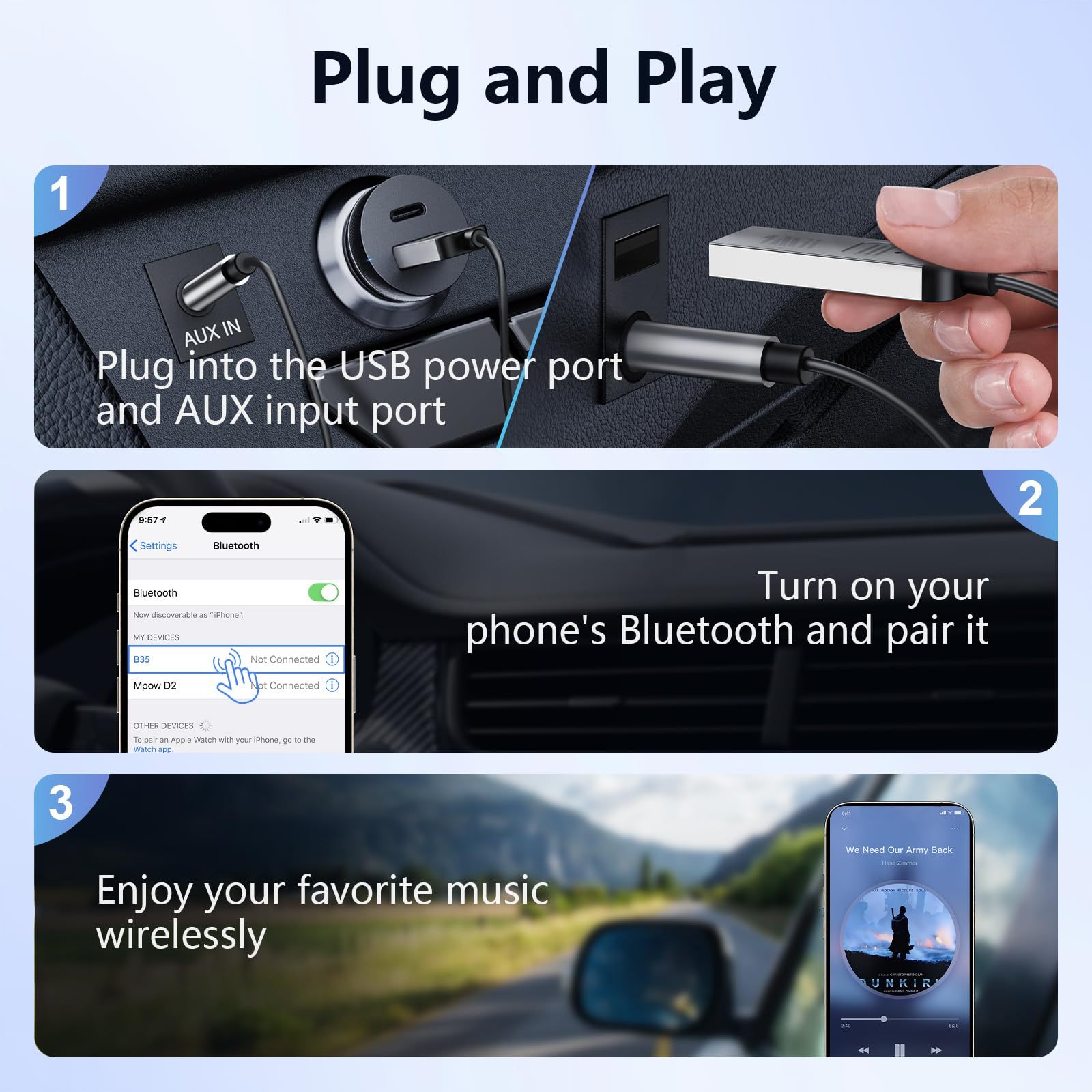 1Mii 2.4GHz Wireless Car Audio Receiver, 3.5mm AUX Adapter for Phone to Car Stereo, Digital Audio Receiver B35