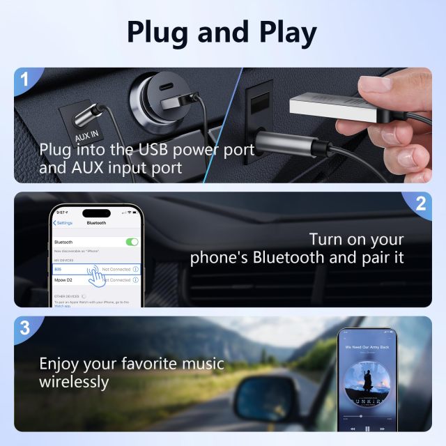 1Mii 2.4GHz Wireless Car Audio Receiver, 3.5mm AUX Adapter for Phone to Car Stereo, Digital Audio Receiver B35