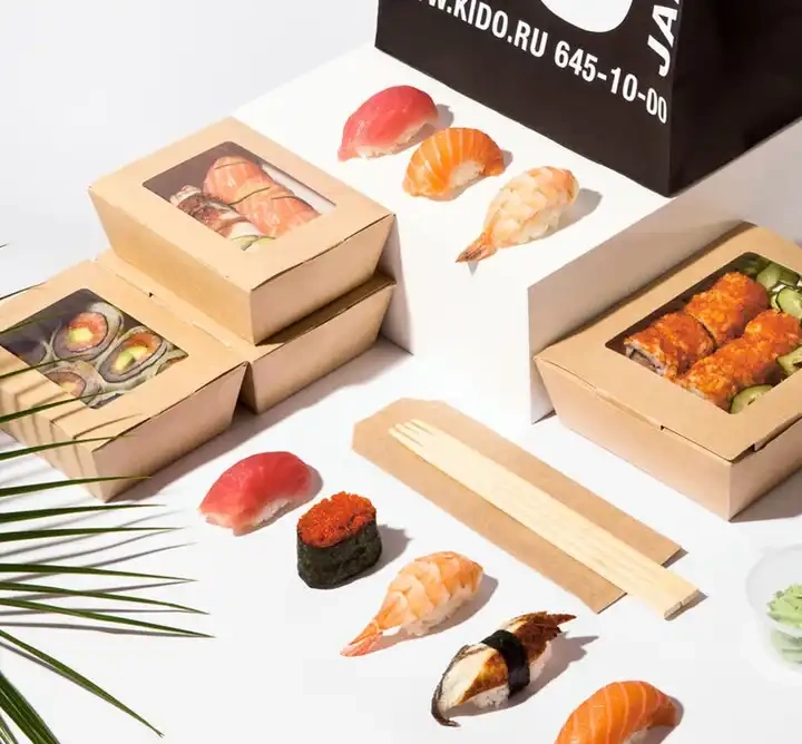 Outdoor disposable customized kraft paper packaging picnic box with transparent window