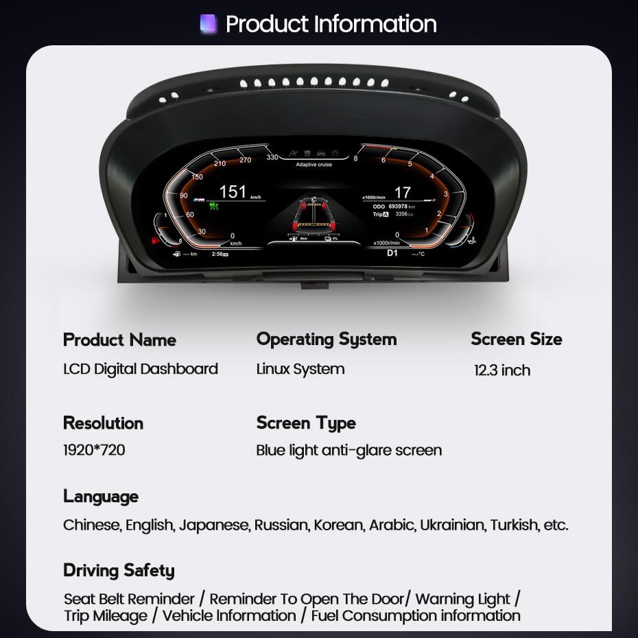 12.3 Inch Car Digital Dashboard Instrument Cluster for BMW X6 E71 E72 2007-2013 LCD Instrument Dashboard Speedometer Screen 1080P (for X6 E71 E72）