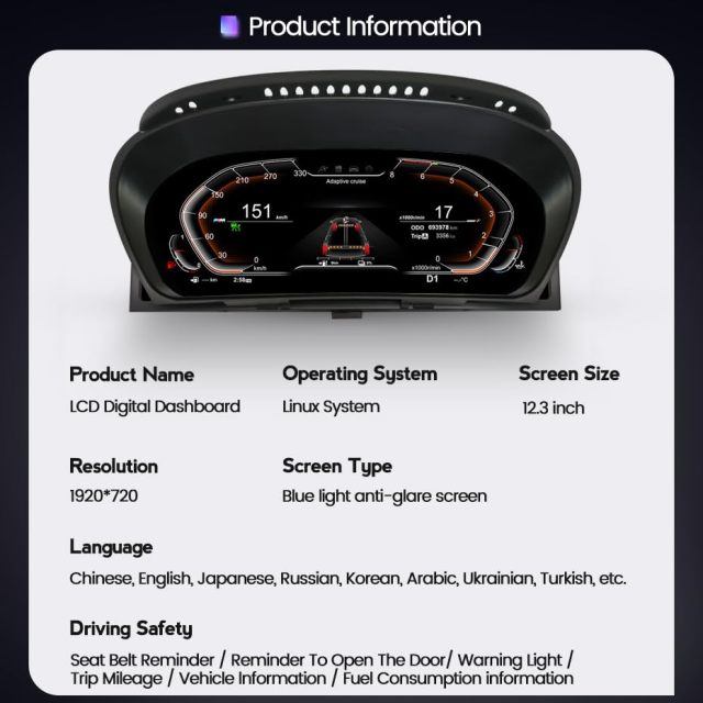 12.3 Inch Car Digital Dashboard Instrument Cluster for BMW X6 E71 E72 2007-2013 LCD Instrument Dashboard Speedometer Screen 1080P (for X6 E71 E72）