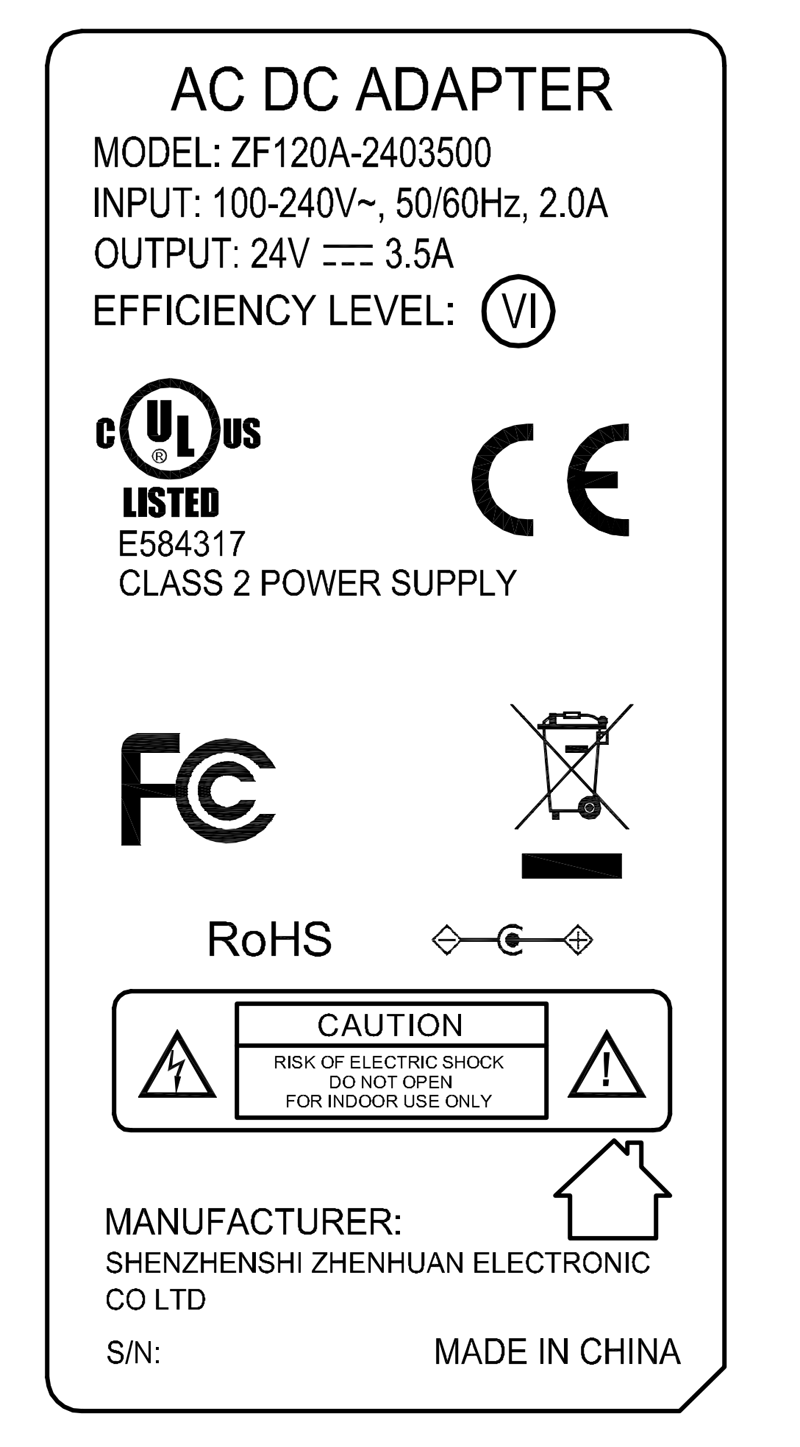 ZF120A-2403500 Class 2 24V 3.5A ac dc power adapter power supply with UL/cUL FCC PSE CE GS RCM safety approved