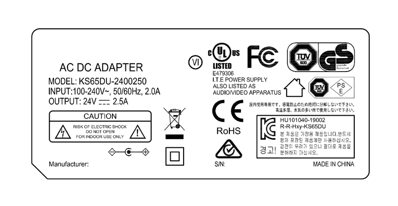 KS65DU-2400250 24V 2.5A 60W AC DC power adapter UL/cUL FCC PSE CE GS RCM safety approvals