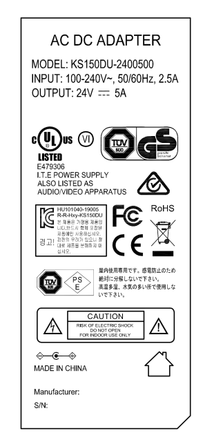 ZF120A-2405000 24V 5A 120W AC DC Adapter power supply with UL/cUL FCC PSE CE GS RCM safety approved