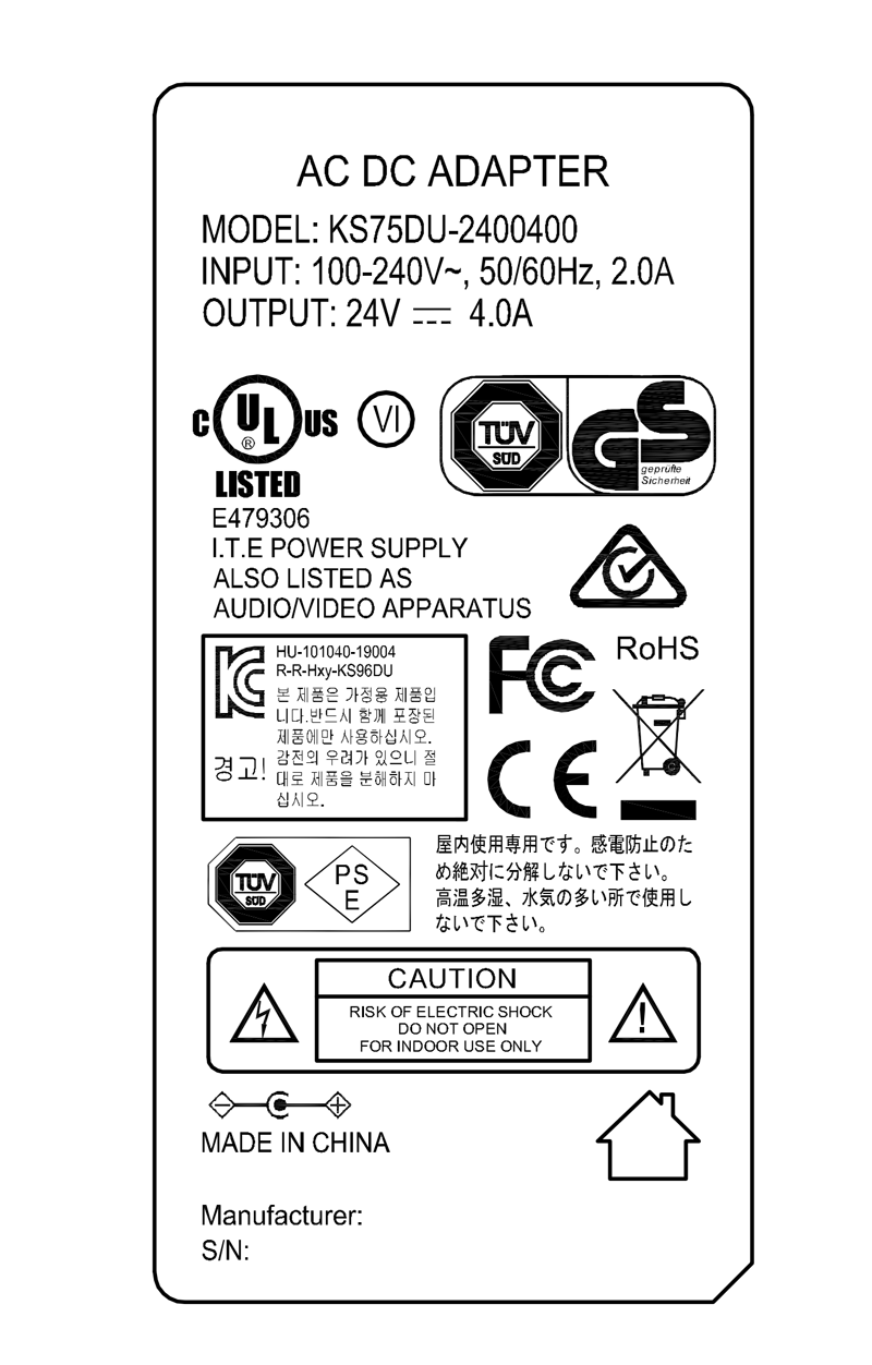 KS100DU-2400400 24V 4A 96W AC DC adapter UL/cUL FCC PSE CB C-Tick RoHs CE GS RCM safety approved