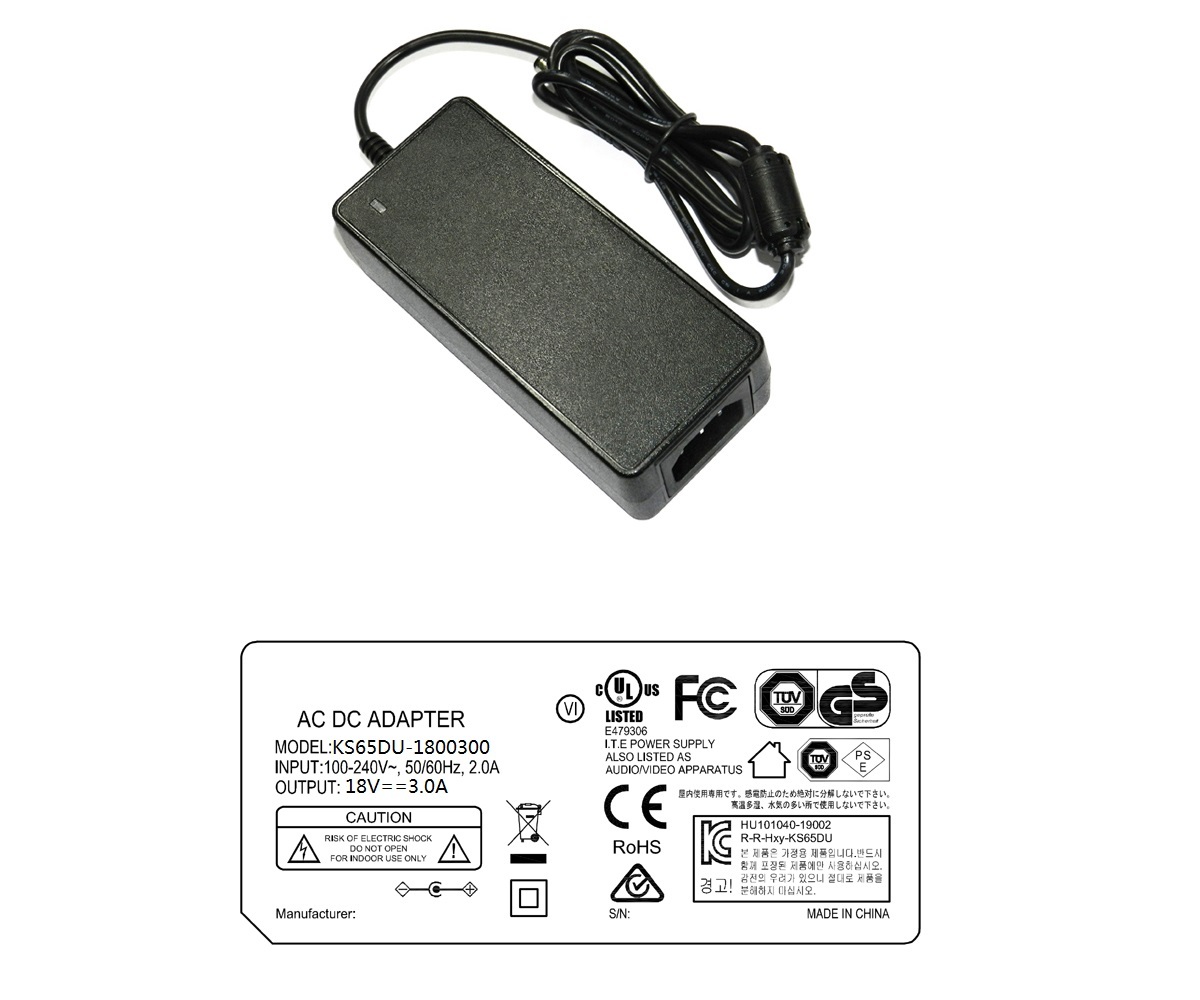 KS65DU-1800300 18V 3A AC DC power adapter UL/cUL FCC PSE CE GS RCM safety approvals