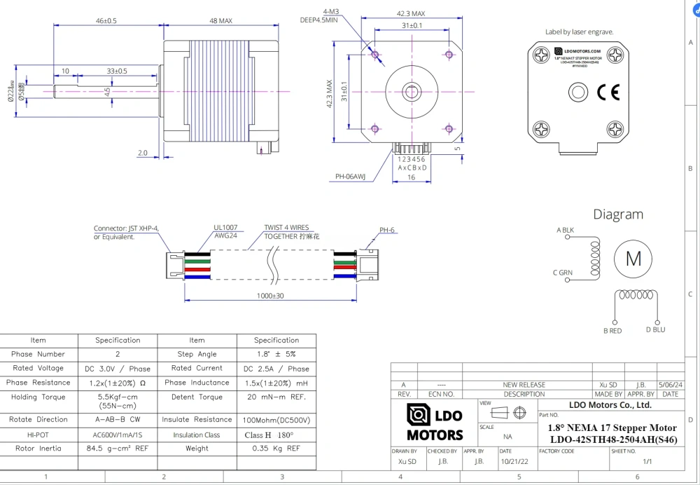 LDO 42STH48-2504AH(S46)1.8Degree 46MM shaft Nema 17 Stepper Motor For DIY Voron VzBoT Ender 5 Prusa i3 3D Printer