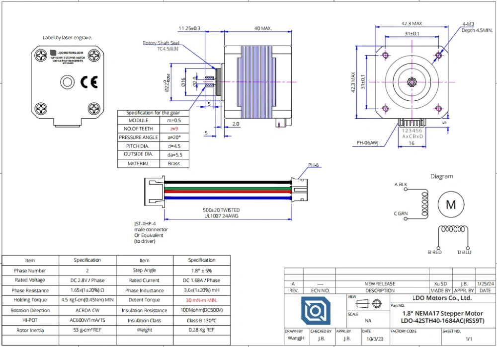 LDO-42STH40-1684AC(RSS9T)  xl version Galileo 2 Z axis Nema 17 Stepper Motor with 9tooths For DIY Voron 350MM build  3D Printer