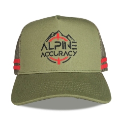 Trucker Hat - CMC-3100 ( Custom Olive Green Crown Red Stripes Deep Fit  5 Panel Middle Crown Country Trucker Caps Manufacturer)