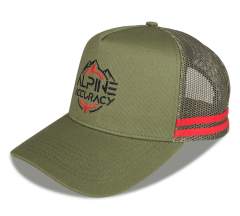 Trucker Hat - CMC-3100 ( Custom Olive Green Crown Red Stripes Deep Fit  5 Panel Middle Crown Country Trucker Caps Manufacturer)