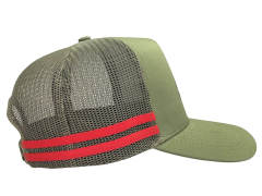 Trucker Hat - CMC-3100 ( Custom Olive Green Crown Red Stripes Deep Fit  5 Panel Middle Crown Country Trucker Caps Manufacturer)