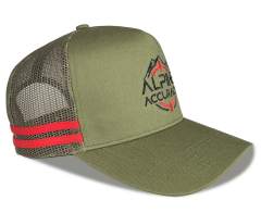Trucker Hat - CMC-3100 ( Custom Olive Green Crown Red Stripes Deep Fit  5 Panel Middle Crown Country Trucker Caps Manufacturer)