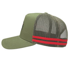 Trucker Hat - CMC-3100 ( Custom Olive Green Crown Red Stripes Deep Fit  5 Panel Middle Crown Country Trucker Caps Manufacturer)