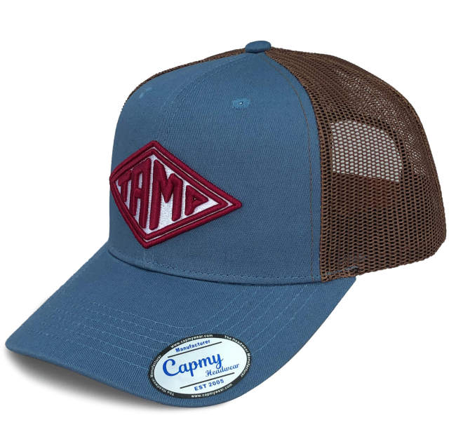 Trucker Hat - CMC-3262 ( Custom Blue Crown With Brown Mesh Badge Patch Logo 6 Panel Trucker Hat Supplier )