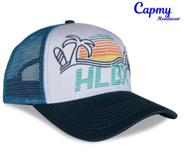 Trucker Hat - CMC-3256 ( Custom Ligh Blue Cotton Back Mesh Hat Richardson Style 3D Logo 5 Panel Trucker Hat Factory )