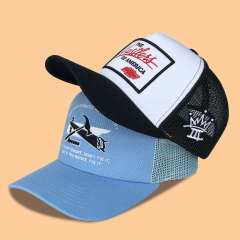 Trucker Hat - CMC-3250 ( Custom Black Red Middle Crown Badge Patch Logo 5 Panel Trucker Hat Supplier )
