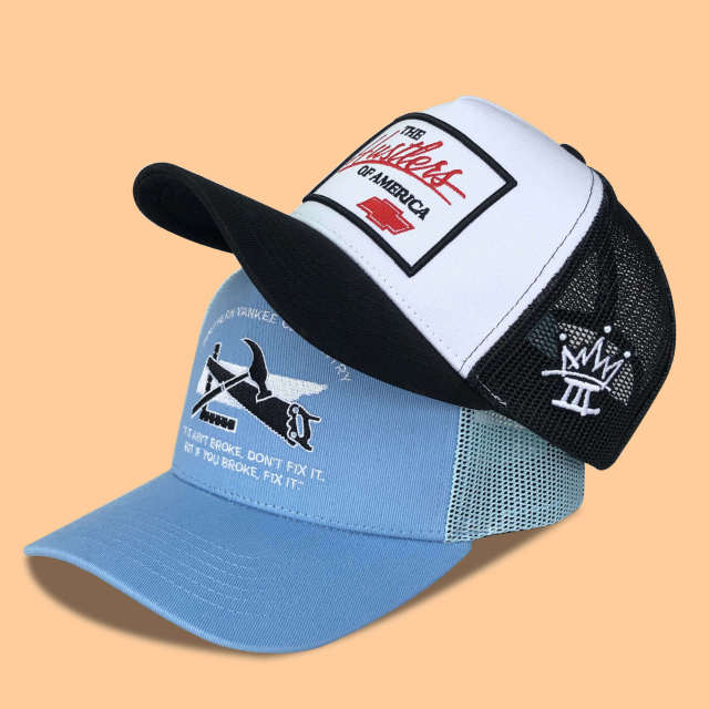 Trucker Hat - CMC-3250 ( Custom Black Red Middle Crown Badge Patch Logo 5 Panel Trucker Hat Supplier )