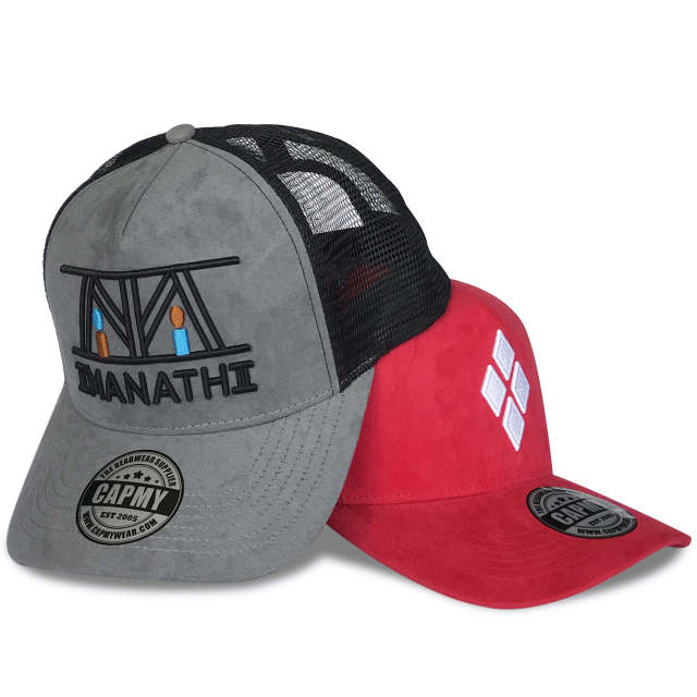 Trucker Hat - CMC-3274 ( Custom Grey Suede Middle Crown Mesh Cap Black Embroidery Logo 5 Panel Trucker Hat Supplier )