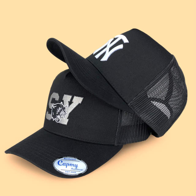 Trucker Hat - CMC-3250 ( Custom Black Red Middle Crown Badge Patch Logo 5 Panel Trucker Hat Supplier )