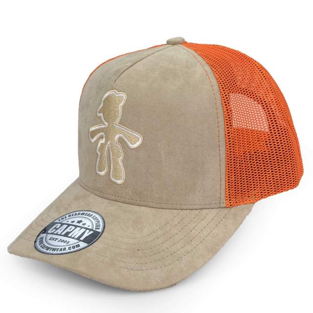 Trucker Hat - CMC-3274 ( Custom Grey Suede Middle Crown Mesh Cap Black Embroidery Logo 5 Panel Trucker Hat Supplier )