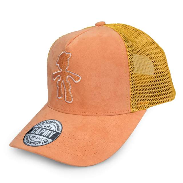 Trucker Hat - CMC-3268 ( Custom Two Tone Suede Mesh Cap Middle Crown Badge Patch Logo 5 Panel Sports Trucker Hat Manufacturer )