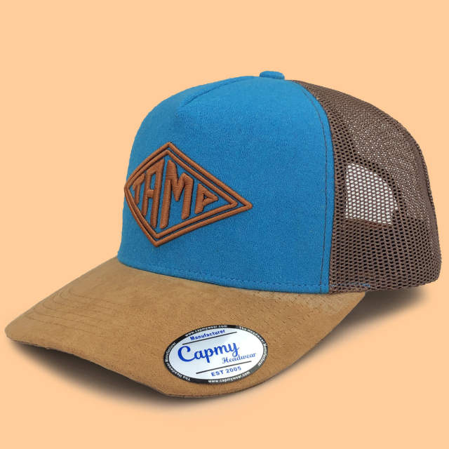 Trucker Hat - CMC-3294( OEM Design Two Tone Blue Wool Brown Suede Mesh Hat Badge Patch Logo 5 Panel Trucker Hat Supplier )