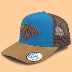 Trucker Hat - CMC-3296 ( Customize Wool Crown Brown Suede Visor 3D Badge Patch Logo Mesh 5 Panel Trucker Hat Factory )