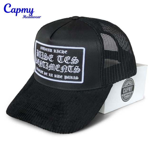 Trucker Hat - CMC-3294( OEM Design Two Tone Blue Wool Brown Suede Mesh Hat Badge Patch Logo 5 Panel Trucker Hat Supplier )