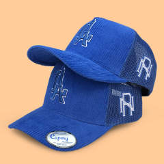 Trucker Hat CMC-3298 - Wholesale Royal Blue Middle Crown LA Logo 5-Panel Corduroy Mesh Trucker Hat Supplier