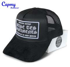 Trucker Hat - CMC-3284 ( Custom Solid Black Red Middle Crown Badge Patch Logo Mesh Cap 5 Panel Trucker Hat Supplier )