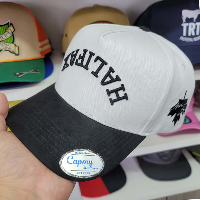Baseball Cap - CMC-1107 (100% Cotton Off White Crown Hat Black Visor Two Tone Upside Letter 3D Embroidery Baseball Cap Manufacturer)